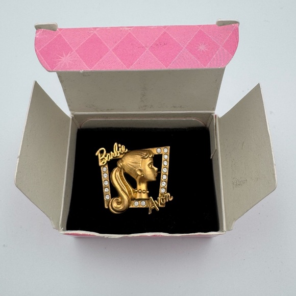 Vintage 1998 Avon Barbie Crystal Rhinestone Brooch Pin w/ Box Gold Tone - Picture 3 of 9